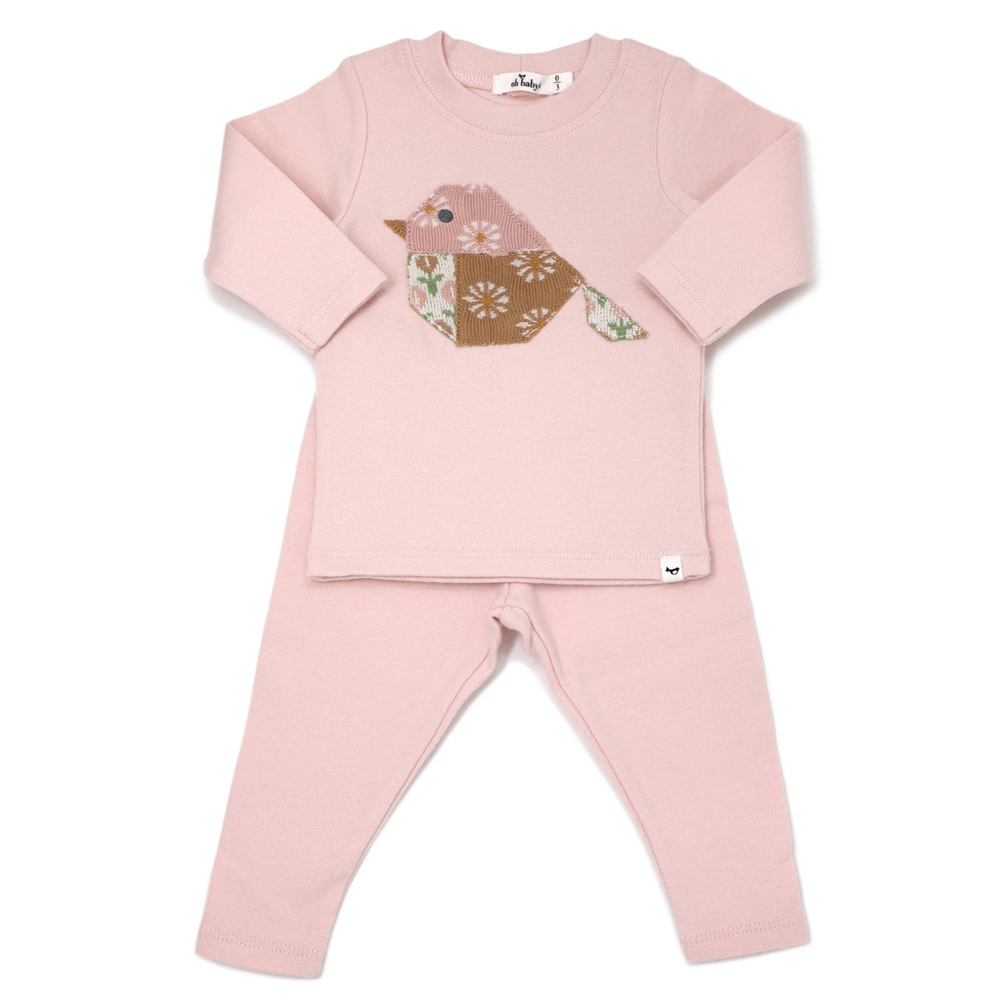 Quilted Bird Applique LS 2pc Set: PNKP / 0 - 3 mo - Gift & Gather