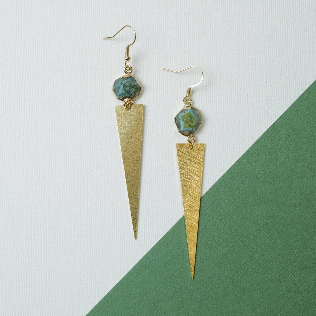 Earrings - Triangle With Green Gemstone - Gift & Gather