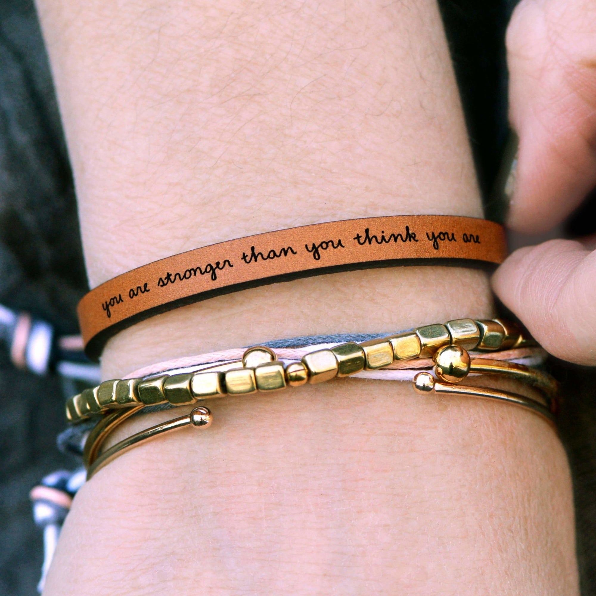 Leather Empowerment Bracelet - You Are Stronger - Gift & Gather